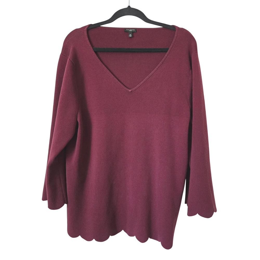 Talbots 2X Sweater Womens Burgundy V-Neck Scalloped Hem 3/4 Sleeve Cotton Modal